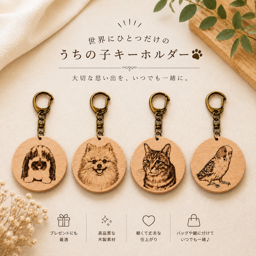 写真そのままをレーザー刻印できる木製うちの子キーホルダー。犬・猫・鳥・うさぎのオーダーメイドキーホルダー。